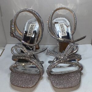 Badgley Mischka Silver Glitter Bow Strappy Heels